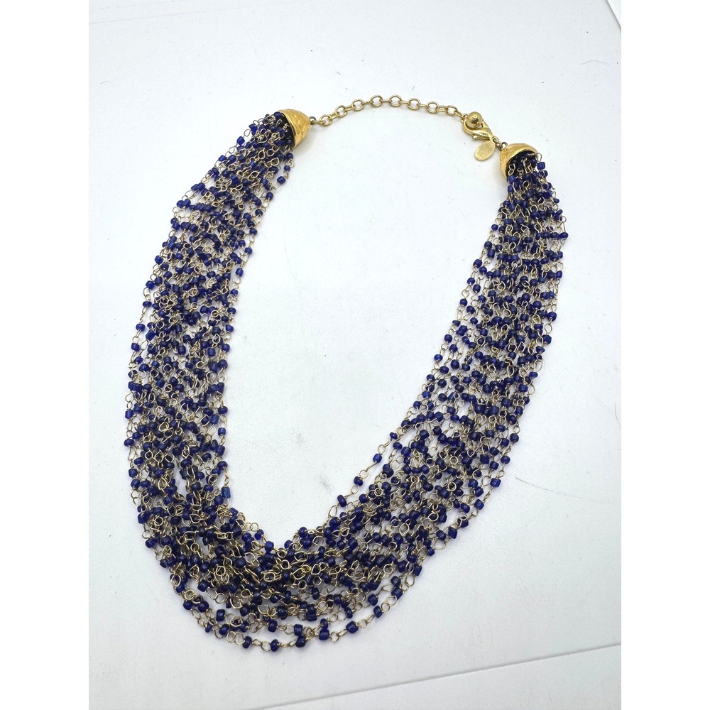 Kenneth Jay Lane KJL Blue Seed Bead Multi Strand Gold Tone Bib Necklace